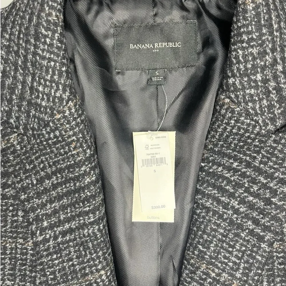 $300 Retail Banana Republic Grey Plaid Wool Blend Long Coat Mens Size S NWT